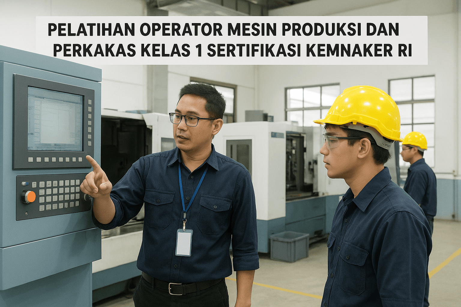 Buatkan saya gambar dokumentasi berkaitan dengan Pelatihan Operator Mesin Produksi dan Perkakas Kelas 1 Sertifikasi Kemnaker RI yang diselenggarakan oleh Mairodi Training. Jangan gunakan logo apapun dan tulisan "Mairodi Training", cukup judulnya saja. Bentuknya harus landscape.